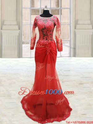 Scoop With Train Red Prom Gown Tulle Long Sleeves Appliques