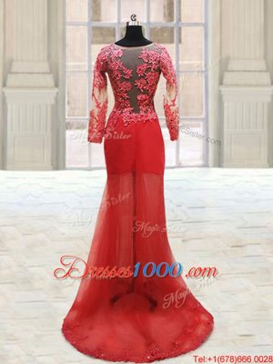 Scoop With Train Red Prom Gown Tulle Long Sleeves Appliques