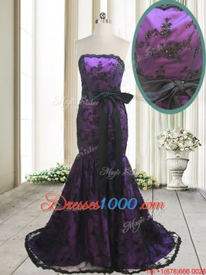 Stylish Mermaid Strapless Sleeveless Sweep Train Lace Up Dress for Prom Purple Satin and Lace