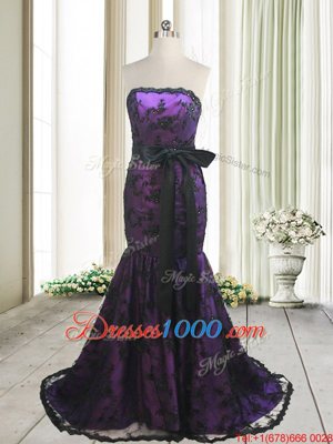 Stylish Mermaid Strapless Sleeveless Sweep Train Lace Up Dress for Prom Purple Satin and Lace