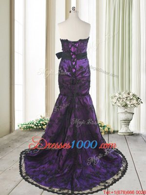 Stylish Mermaid Strapless Sleeveless Sweep Train Lace Up Dress for Prom Purple Satin and Lace