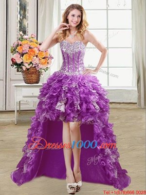 Purple A-line Sweetheart Sleeveless Organza High Low Lace Up Ruffles and Sequins Party Dress