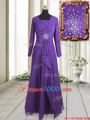 Gorgeous Square Long Sleeves Chiffon Floor Length Zipper Prom Evening Gown in Purple for with Beading