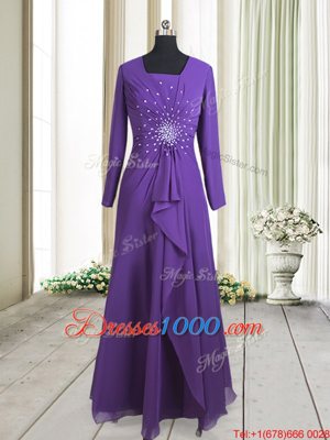 Gorgeous Square Long Sleeves Chiffon Floor Length Zipper Prom Evening Gown in Purple for with Beading