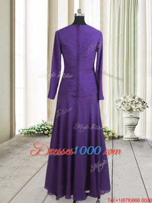 Gorgeous Square Long Sleeves Chiffon Floor Length Zipper Prom Evening Gown in Purple for with Beading