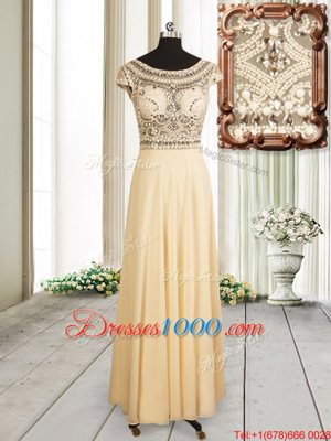 Champagne Evening Dress Prom and For with Beading Scoop Cap Sleeves Zipper
