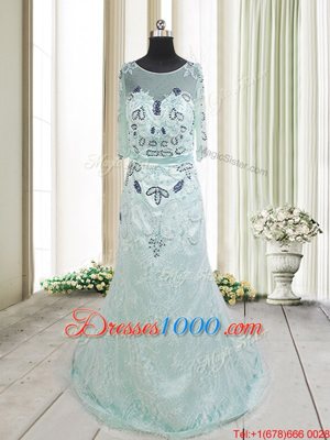 Apple Green Scoop Zipper Beading and Lace Homecoming Dress Online Brush Train Half Sleeves