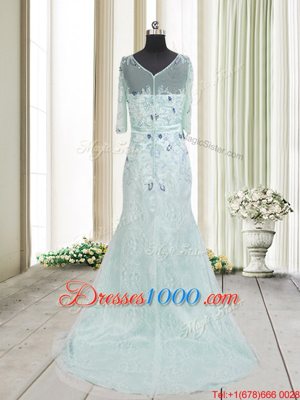 Apple Green Scoop Zipper Beading and Lace Homecoming Dress Online Brush Train Half Sleeves