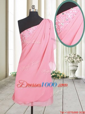 Rose Pink Side Zipper One Shoulder Beading Prom Gown Chiffon Sleeveless