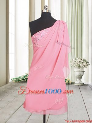 Rose Pink Side Zipper One Shoulder Beading Prom Gown Chiffon Sleeveless