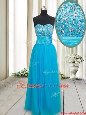 Baby Blue Empire Sweetheart Sleeveless Tulle Floor Length Lace Up Beading Prom Party Dress