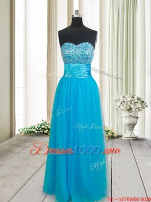 Baby Blue Empire Sweetheart Sleeveless Tulle Floor Length Lace Up Beading Prom Party Dress