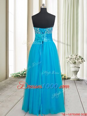 Baby Blue Empire Sweetheart Sleeveless Tulle Floor Length Lace Up Beading Prom Party Dress