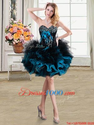 Blue And Black Organza and Tulle Lace Up Club Wear Sleeveless Mini Length Beading and Ruffles and Hand Made Flower
