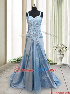 Trendy Light Blue Elastic Woven Satin Criss Cross Straps Sleeveless With Train Prom Dresses Sweep Train Beading