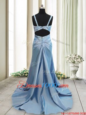 Trendy Light Blue Elastic Woven Satin Criss Cross Straps Sleeveless With Train Prom Dresses Sweep Train Beading