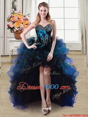 Modest Blue Sweetheart Lace Up Beading and Ruffles and Hand Made Flower Cocktail Dresses Sleeveless
