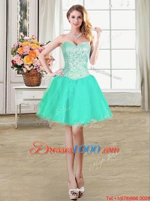 Modern Turquoise Organza Lace Up Cocktail Dress Sleeveless Mini Length Beading and Ruffles and Pick Ups