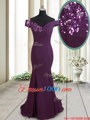 Mermaid Off the Shoulder Dark Purple Chiffon Zipper Prom Dresses Sleeveless Brush Train Beading and Sequins