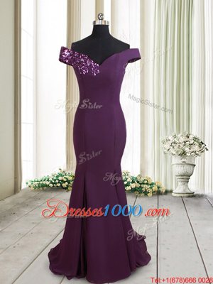 Mermaid Off the Shoulder Dark Purple Chiffon Zipper Prom Dresses Sleeveless Brush Train Beading and Sequins