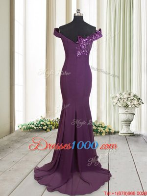 Mermaid Off the Shoulder Dark Purple Chiffon Zipper Prom Dresses Sleeveless Brush Train Beading and Sequins