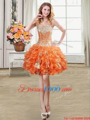 Orange Lace Up Sweetheart Beading and Ruffles and Sequins Juniors Party Dress Organza Sleeveless