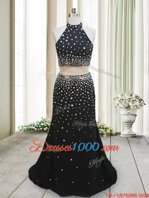 Fantastic Chiffon Halter Top Sleeveless Backless Beading Homecoming Dress in Black