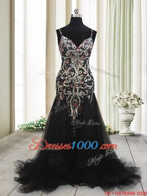 Superior Mermaid Sleeveless Brush Train Zipper With Train Beading and Appliques Homecoming Dresses