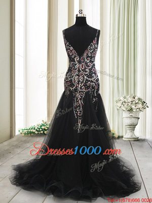 Superior Mermaid Sleeveless Brush Train Zipper With Train Beading and Appliques Homecoming Dresses