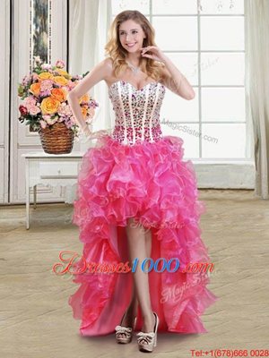 Shining Hot Pink Sweetheart Lace Up Beading and Ruffles Evening Gowns Sleeveless