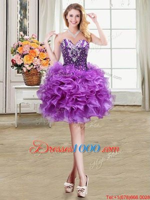 Gorgeous Eggplant Purple Ball Gowns Organza Sweetheart Sleeveless Beading and Ruffles Mini Length Lace Up Party Dresses