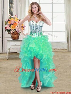 Turquoise Ball Gowns Sweetheart Sleeveless Organza High Low Lace Up Beading and Ruffles Pageant Dress for Teens