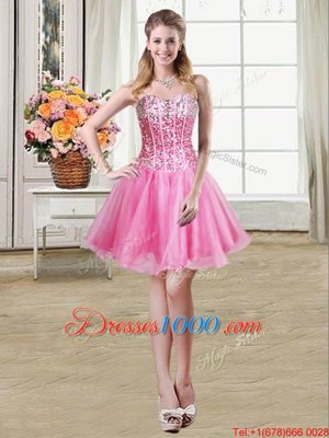 Rose Pink Lace Up Womens Party Dresses Sequins Sleeveless Mini Length