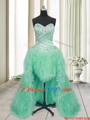 Enchanting Apple Green A-line Tulle Sweetheart Sleeveless Beading and Ruffles With Train Lace Up Pageant Dress Brush Train