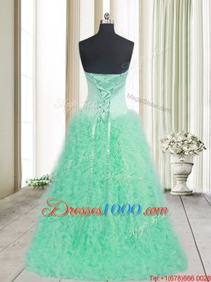 Enchanting Apple Green A-line Tulle Sweetheart Sleeveless Beading and Ruffles With Train Lace Up Pageant Dress Brush Train