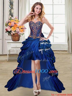 High Low Royal Blue Evening Gowns Taffeta Sleeveless Beading and Appliques and Pick Ups