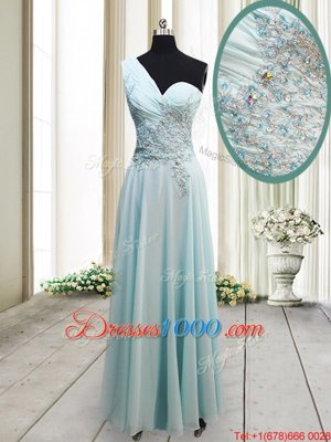 Ankle Length Light Blue Prom Gown One Shoulder Sleeveless Side Zipper
