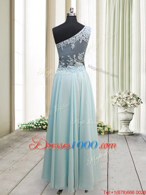 Ankle Length Light Blue Prom Gown One Shoulder Sleeveless Side Zipper