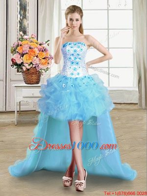 High Low Lace Up Custom Made Light Blue and In for Prom and Party with Beading and Appliques and Ruffles
