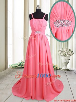 Suitable Straps Straps Pink Prom Evening Gown Chiffon Brush Train Sleeveless Beading