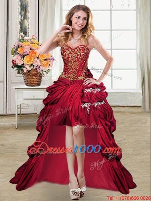 Nice High Low Wine Red Pageant Dress for Teens Taffeta Sleeveless Beading and Appliques and Pick Ups