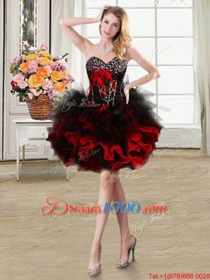 Vintage Sweetheart Sleeveless Casual Dresses Mini Length Beading and Ruffles and Hand Made Flower Red Organza and Tulle