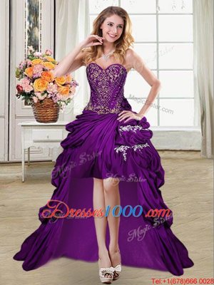 Purple Sleeveless Beading and Appliques and Pick Ups High Low Cocktail Dresses