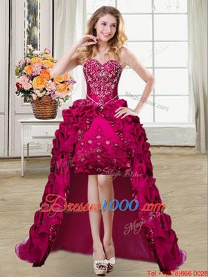 Sumptuous Fuchsia Lace Up Evening Gowns Beading and Embroidery and Pick Ups Sleeveless High Low