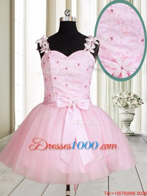 Baby Pink Casual Dresses Prom and Party and For with Beading and Embroidery Straps Sleeveless Lace Up