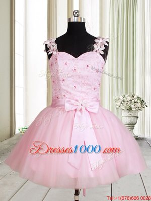 Baby Pink Casual Dresses Prom and Party and For with Beading and Embroidery Straps Sleeveless Lace Up