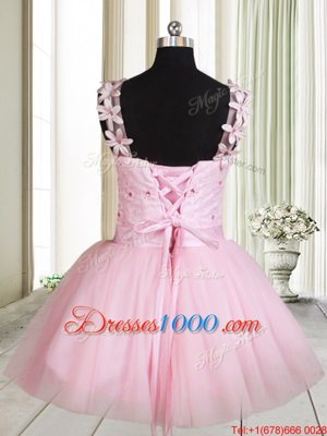 Baby Pink Casual Dresses Prom and Party and For with Beading and Embroidery Straps Sleeveless Lace Up