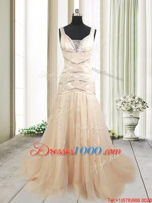 Modest Mermaid Straps Straps Champagne Tulle Lace Up Prom Gown Sleeveless With Train Sweep Train Ruching