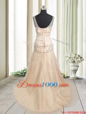 Modest Mermaid Straps Straps Champagne Tulle Lace Up Prom Gown Sleeveless With Train Sweep Train Ruching