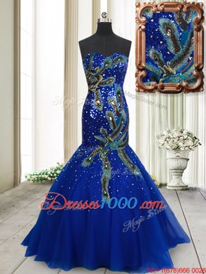 Blue Mermaid Tulle Sweetheart Sleeveless Beading and Appliques and Sequins Lace Up Homecoming Dress Brush Train